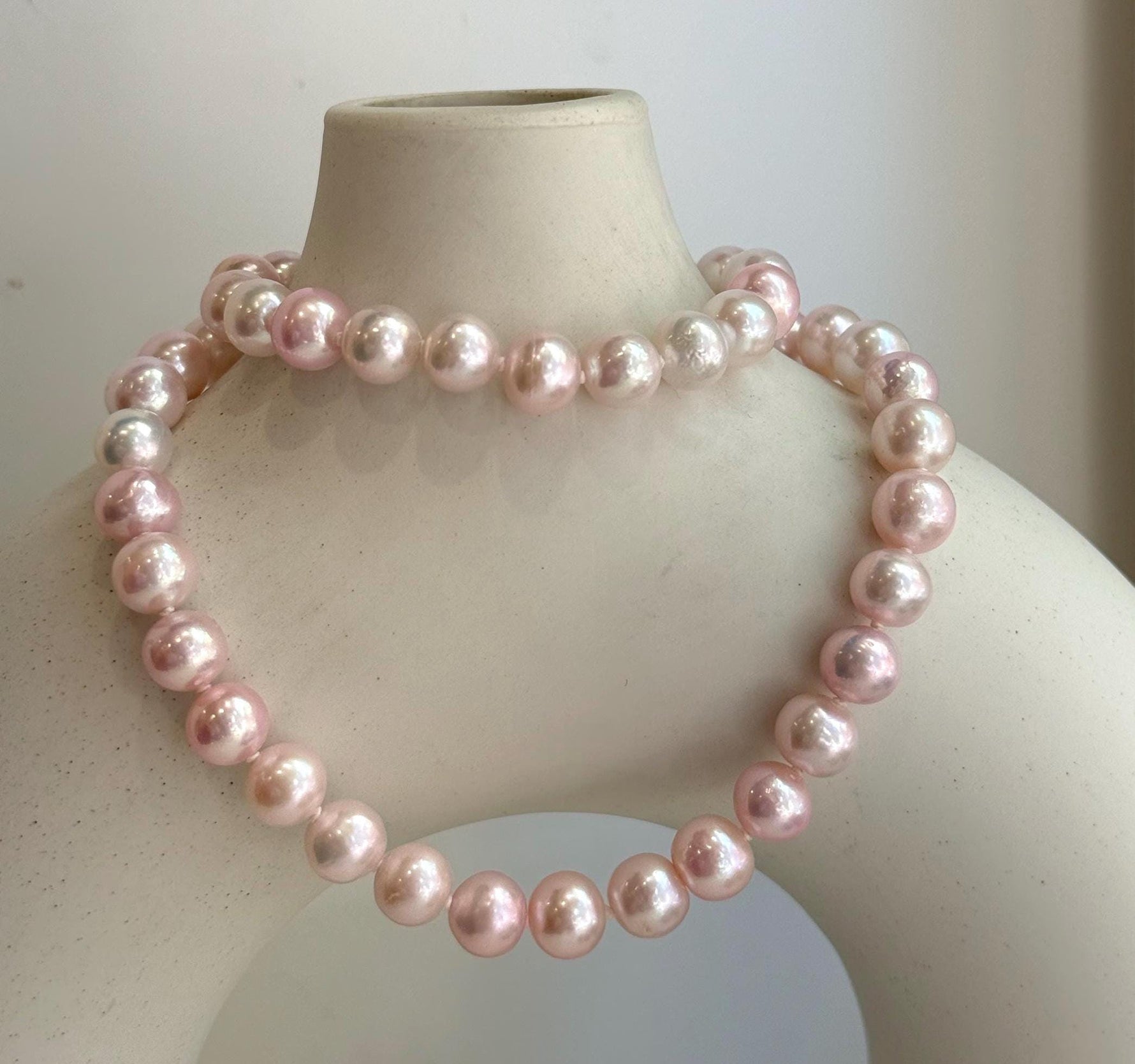 Elly’s 8-9mm Freshwater Pale Pink pearls necklace: Extreme luster mirrored, 18.1”, s925 silver necklace strand.