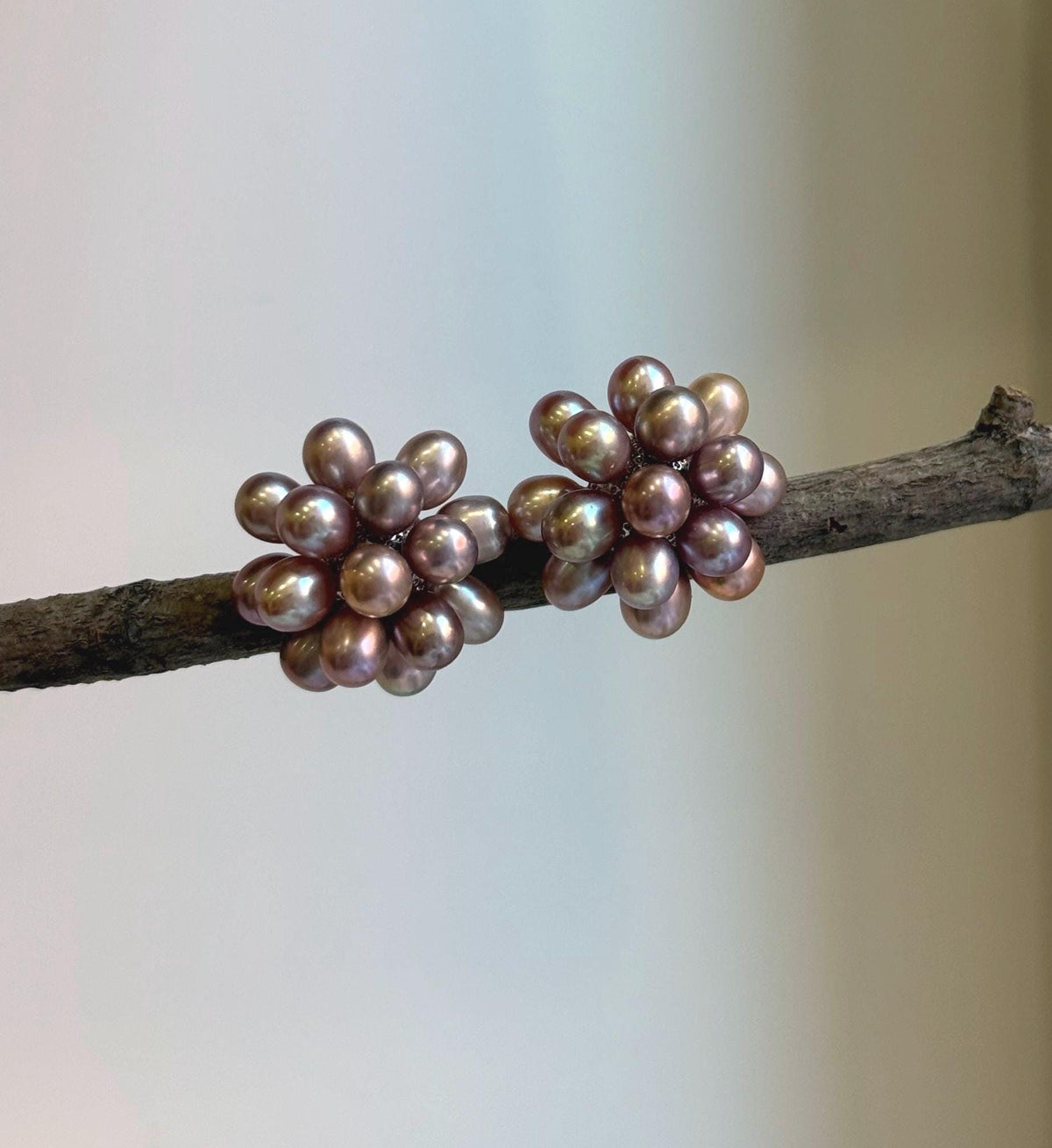Elly’s Freshwater Keshi Pearls Hydrangeas earrings studs: Extreme luster, purple lavender, 5-5.3mm, S925 silver earrings. Pearl jewelry.