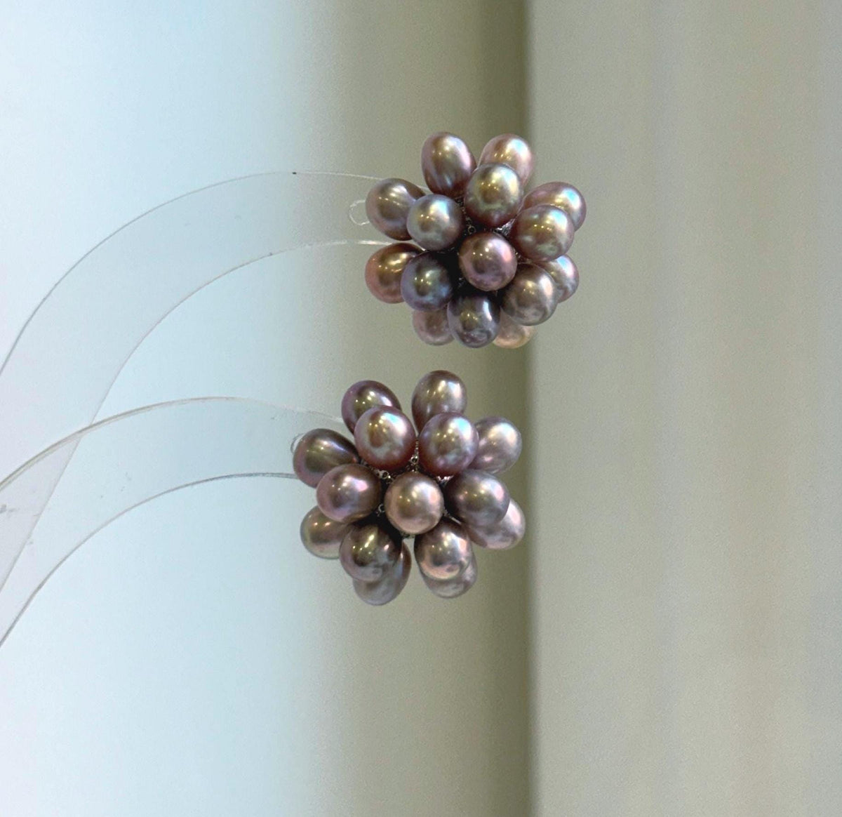 Elly’s Freshwater Keshi Pearls Hydrangeas earrings studs: Extreme luster, purple lavender, 5-5.3mm, S925 silver earrings. Pearl jewelry.