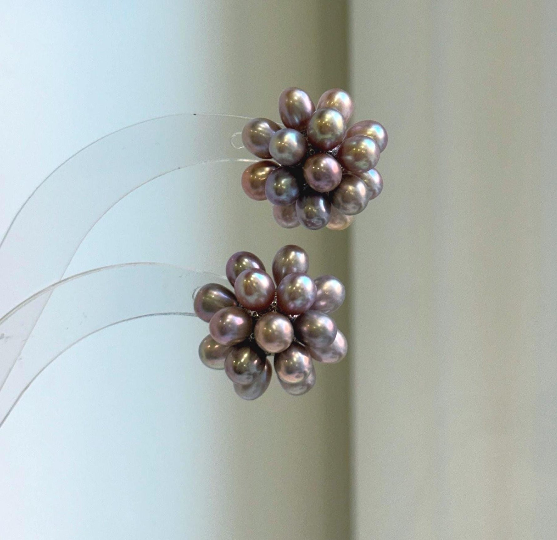 Elly’s Freshwater Keshi Pearls Hydrangeas earrings studs: Extreme luster, purple lavender, 5-5.3mm, S925 silver earrings. Pearl jewelry.