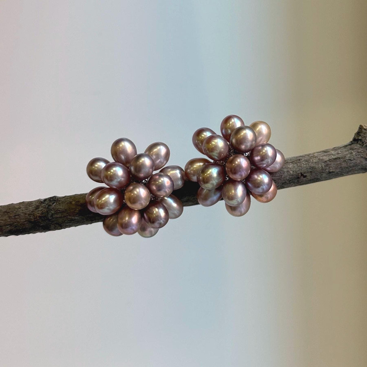 Elly’s Freshwater Keshi Pearls Hydrangeas earrings studs: Extreme luster, purple lavender, 5-5.3mm. Pearl jewelry.