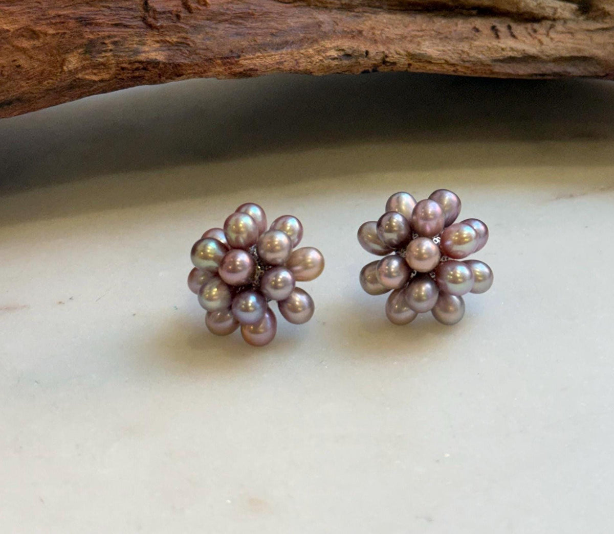 Elly’s Freshwater Keshi Pearls Hydrangeas earrings studs: Extreme luster, purple lavender, 5-5.3mm. Pearl jewelry.