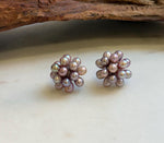Elly’s Freshwater Keshi Pearls Hydrangeas earrings studs: Extreme luster, purple lavender, 5-5.3mm. Pearl jewelry.