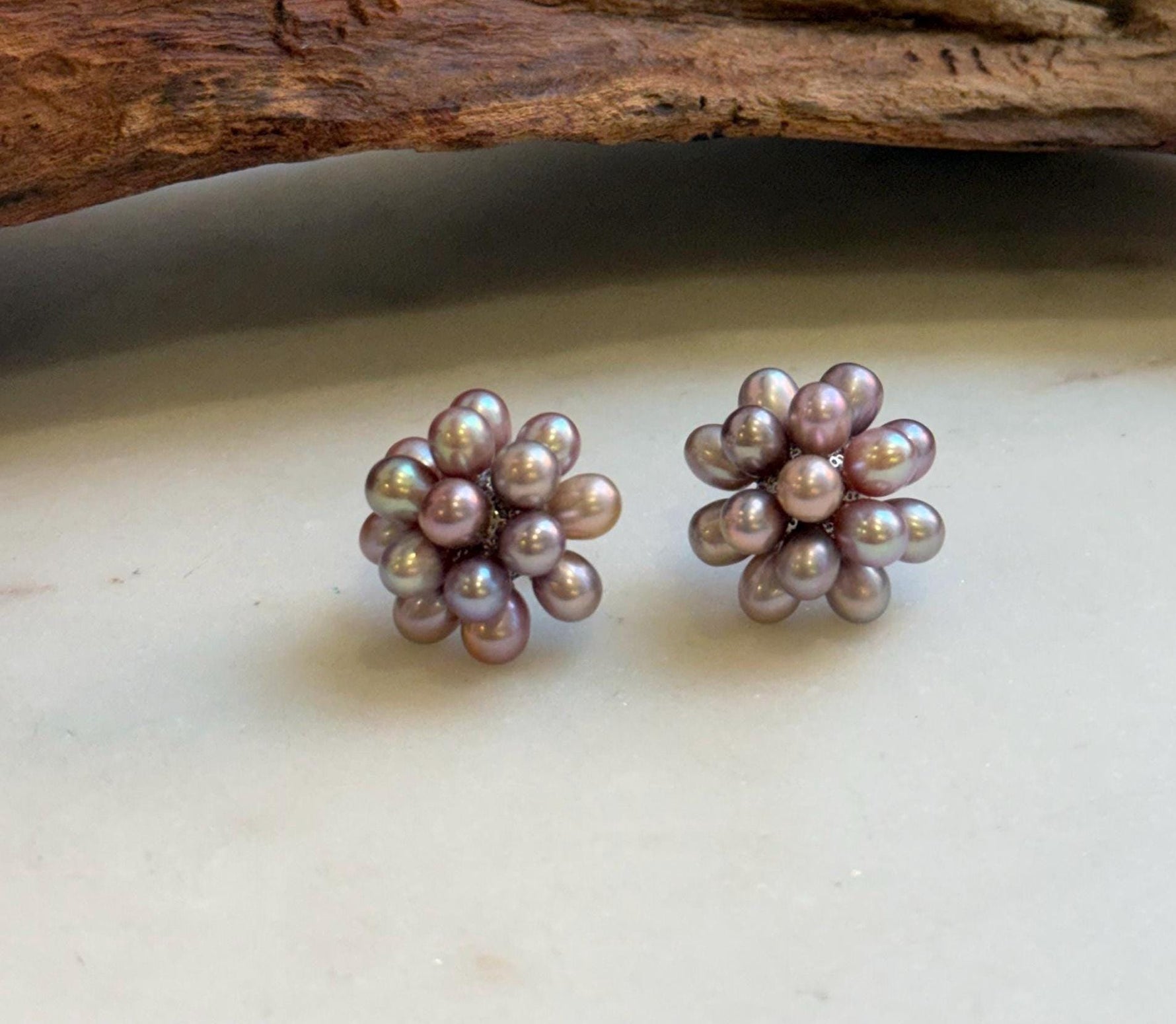 Elly’s Freshwater Keshi Pearls Hydrangeas earrings studs: Extreme luster, purple lavender, 5-5.3mm. Pearl jewelry.