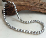 Elly’s 50pcs 7.4-8.4mm Freshwater blue silver round pearls necklace: Extreme luster mirrored, 16.7”, s925 silver necklace strand.