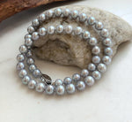 Elly’s 50pcs 7.4-8.4mm Freshwater blue silver round pearls necklace: Extreme luster mirrored, 16.7”, s925 silver necklace strand.