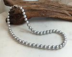Elly’s 50pcs 7.4-8.4mm Freshwater blue silver round pearls necklace: Extreme luster mirrored, 16.7”, s925 silver necklace strand.