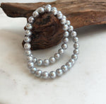 Elly’s 50pcs 7.4-8.4mm Freshwater blue silver round pearls necklace: Extreme luster mirrored, 16.7”, s925 silver necklace strand.