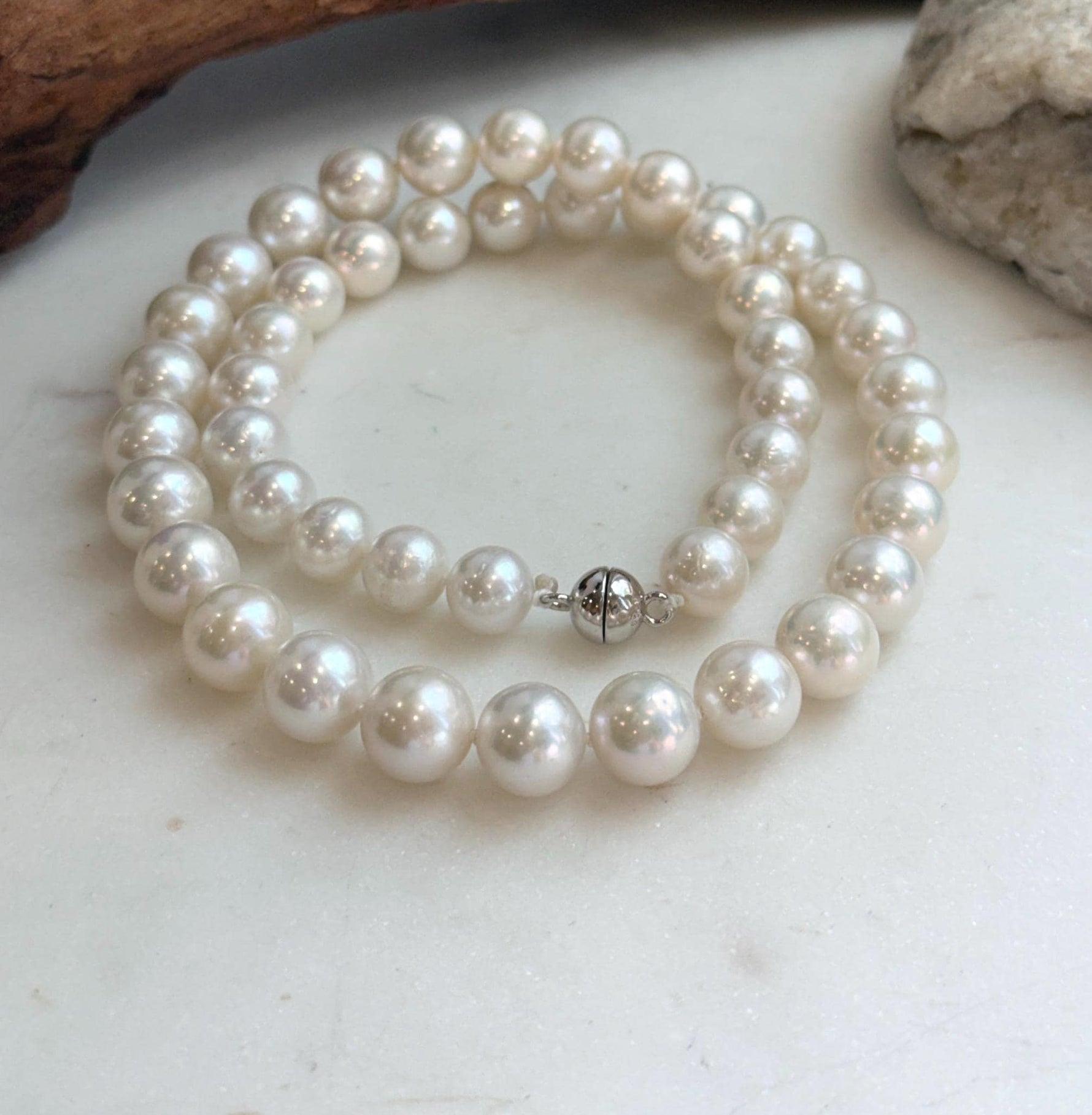 Elly’s 47pcs Edison white Round Pearls Necklace Strand: Extreme luster mirrored, 9-11mm, 19.3”, S925 silver necklace.