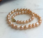 Elly’s 40pcs 8-10mm Freshwater peach gold pearls necklace: Extreme luster mirrored, 17.1”, s925 silver necklace strand.