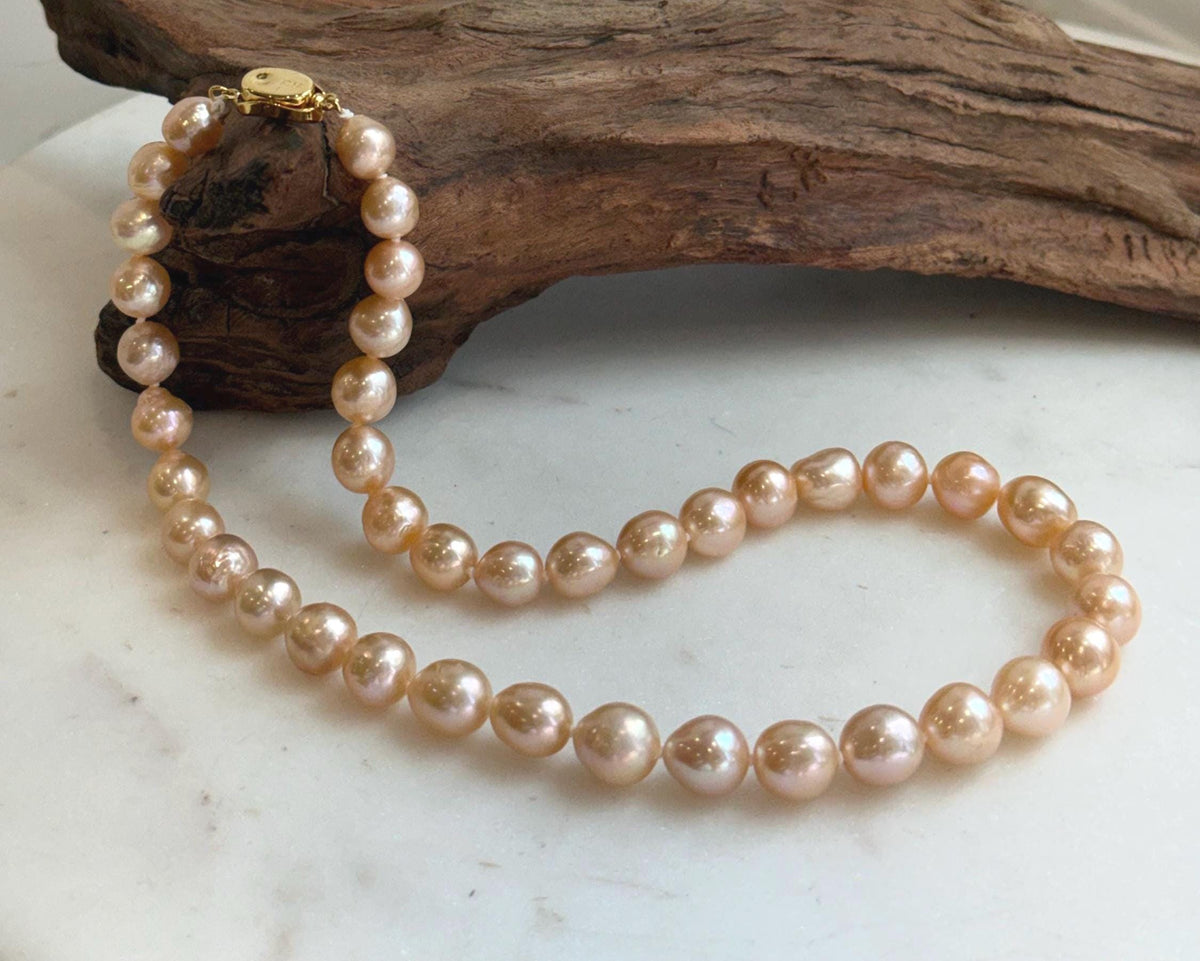 Elly’s 40pcs 8-10mm Freshwater peach gold pearls necklace: Extreme luster mirrored, 17.1”, s925 silver necklace strand.
