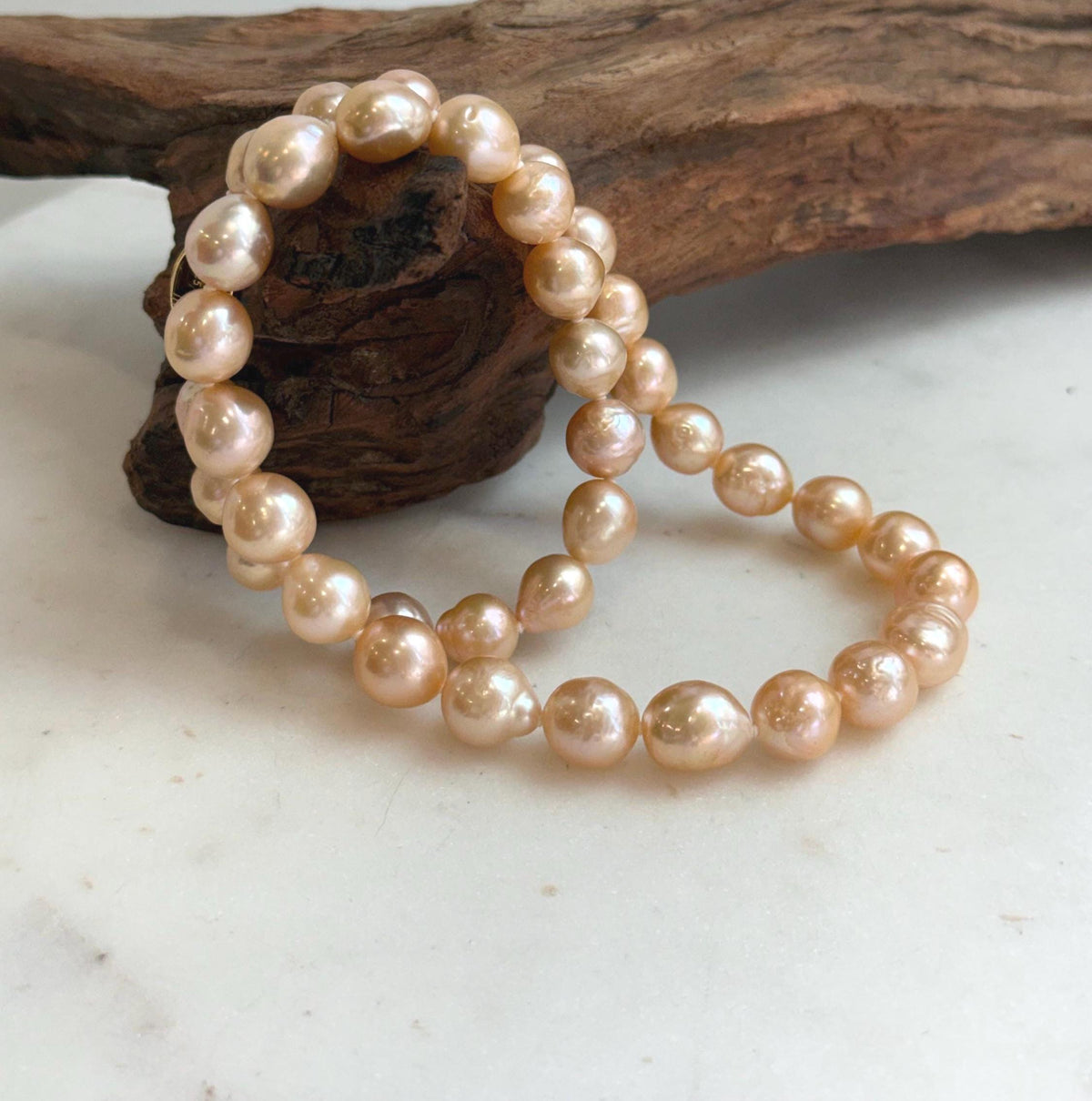 Elly’s 40pcs 8-10mm Freshwater peach gold pearls necklace: Extreme luster mirrored, 17.1”, s925 silver necklace strand.