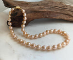 Elly’s 40pcs 8-10mm Freshwater peach gold pearls necklace: Extreme luster mirrored, 17.1”, s925 silver necklace strand.