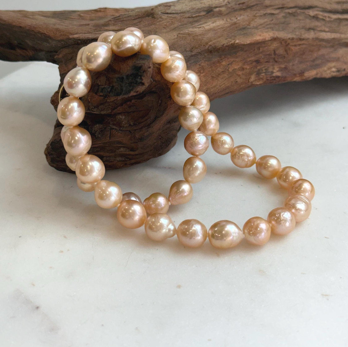 Elly’s 40pcs 8-10mm Freshwater peach gold pearls necklace: Extreme luster mirrored, 17.1”, s925 silver necklace strand.