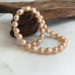 Elly’s 40pcs 8-10mm Freshwater peach gold pearls necklace: Extreme luster mirrored, 17.1”, s925 silver necklace strand.