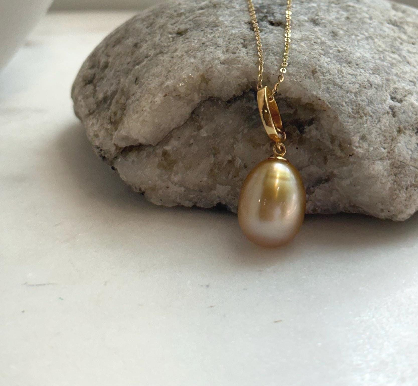 Elly’s 12.2x15.2mm Large South Sea deep Tea Gold ocean Drop Pearl pendant: Extreme luster mirrored. S925 silver pendant.