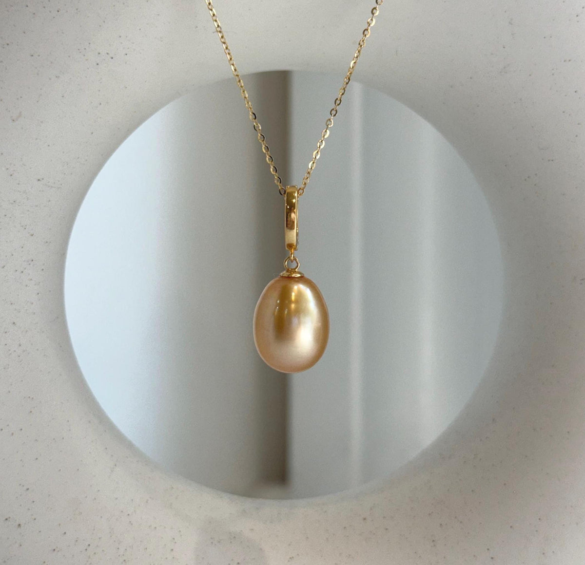 Elly’s 12.2x15.2mm Large South Sea deep Tea Gold ocean Drop Pearl pendant: Extreme luster mirrored. S925 silver pendant.