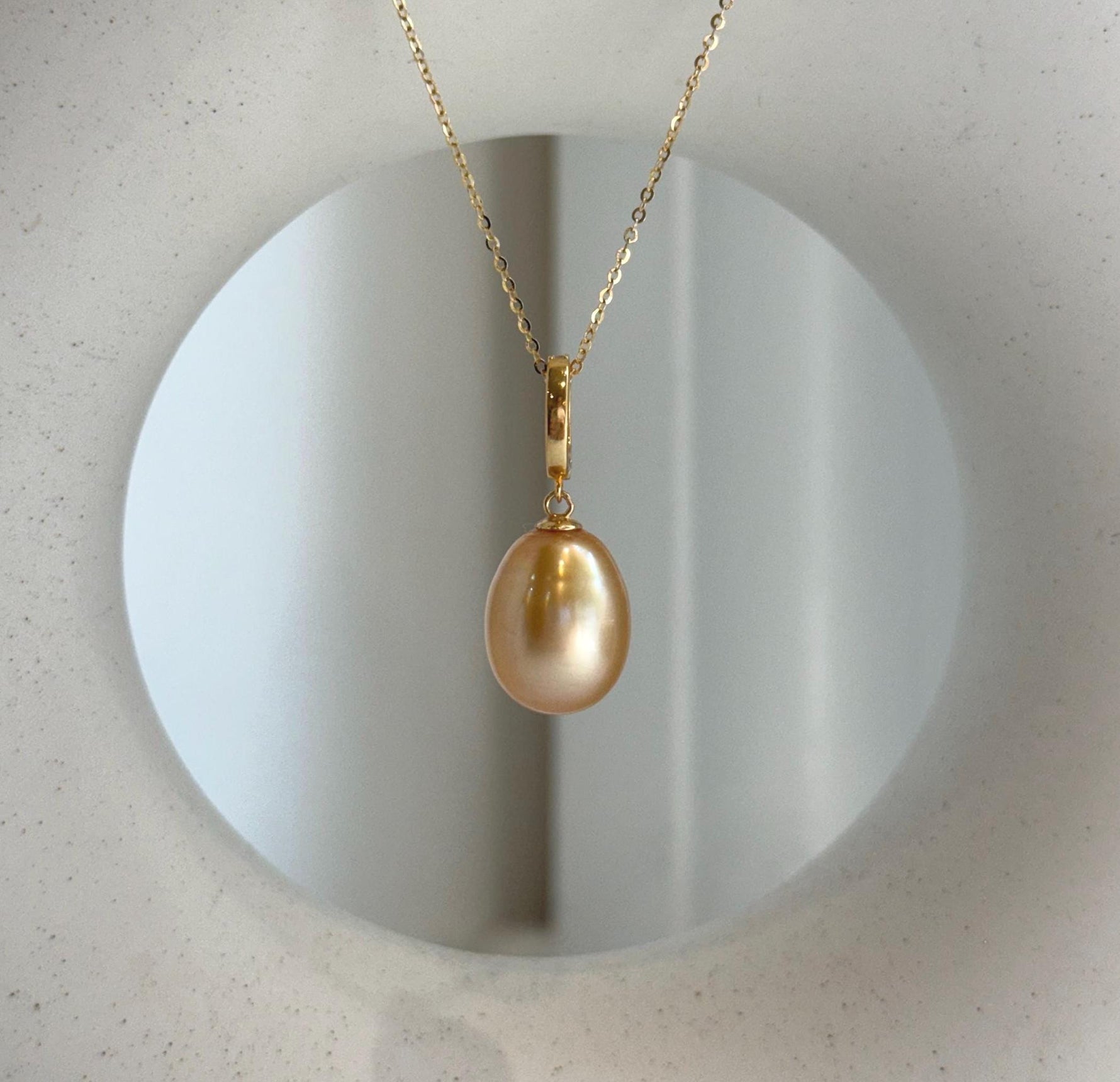 Elly’s 12.2x15.2mm Large South Sea deep Tea Gold ocean Drop Pearl pendant: Extreme luster mirrored. S925 silver pendant.