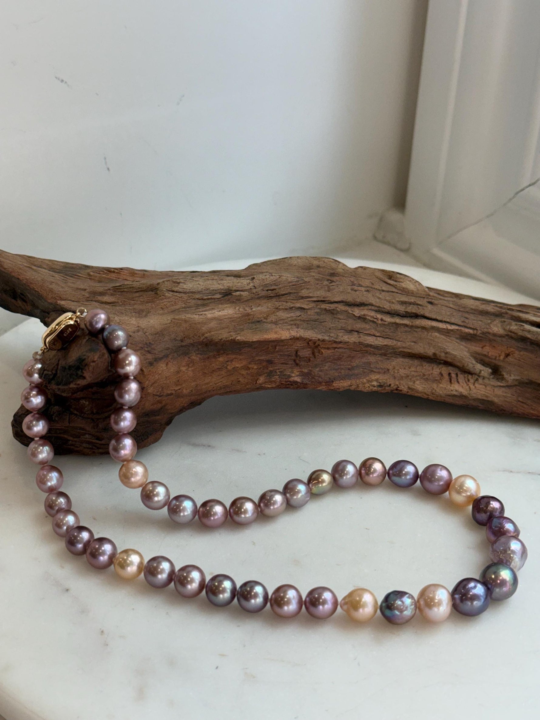 Elly’s 43pcs 8.3-11.3mm Edison Multicolored Pearls Necklace Strand: Extreme luster mirrored, 18.3”, S925 silver necklace.