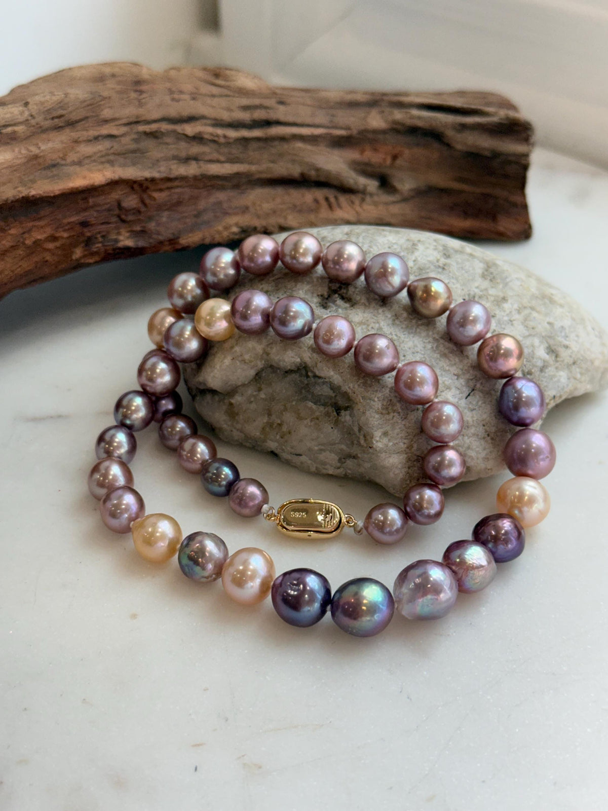 Elly’s 43pcs 8.3-11.3mm Edison Multicolored Pearls Necklace Strand: Extreme luster mirrored, 18.3”, S925 silver necklace.