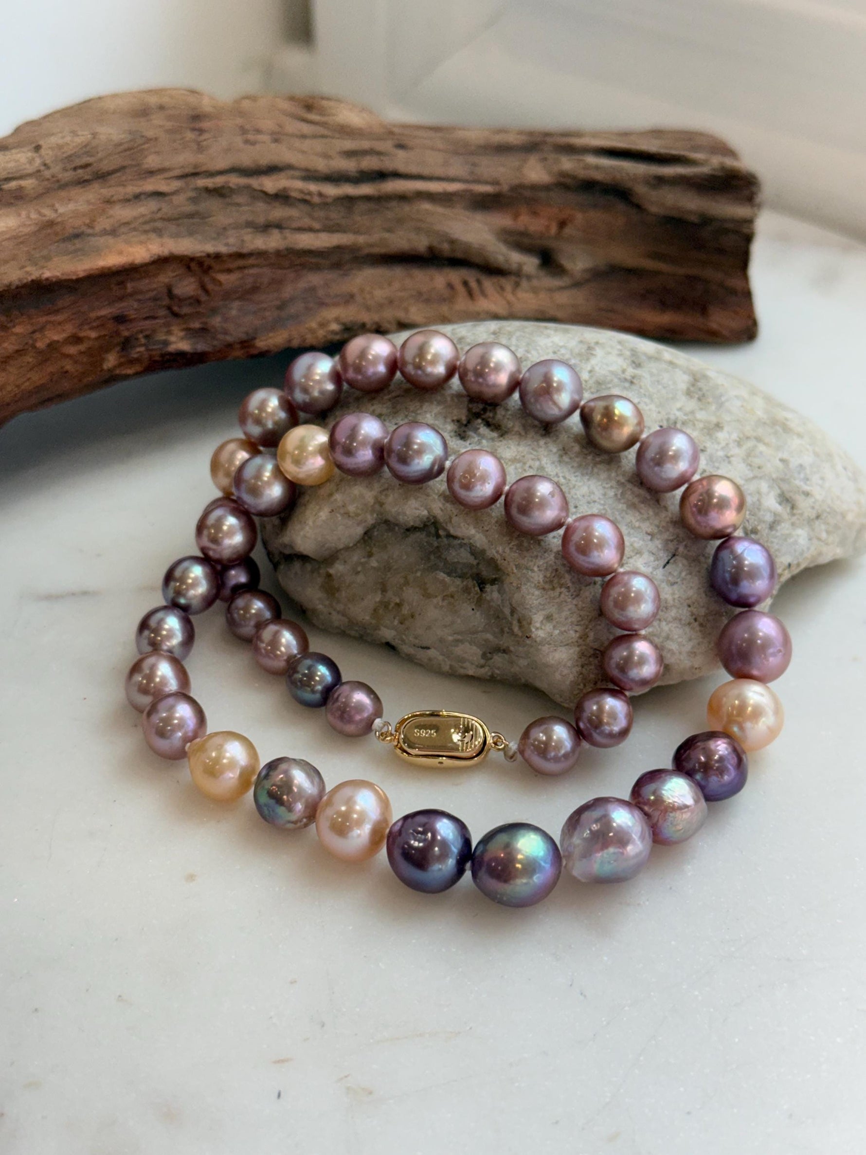 Elly’s 43pcs 8.3-11.3mm Edison Multicolored Pearls Necklace Strand: Extreme luster mirrored, 18.3”, S925 silver necklace.