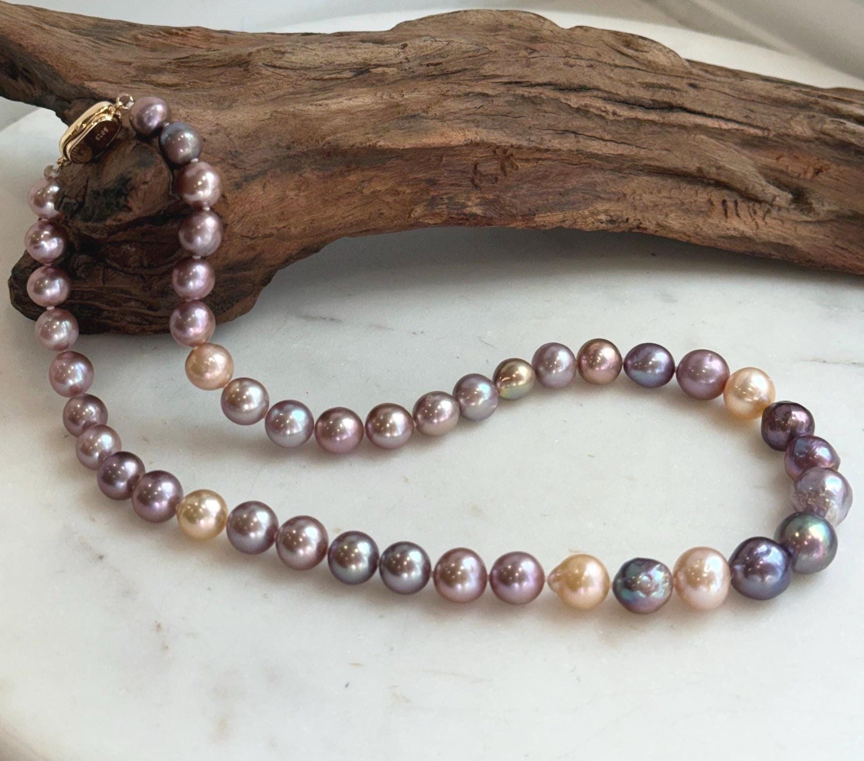 Elly’s 43pcs 8.3-11.3mm Edison Multicolored Pearls Necklace Strand: Extreme luster mirrored, 18.3”, S925 silver necklace.