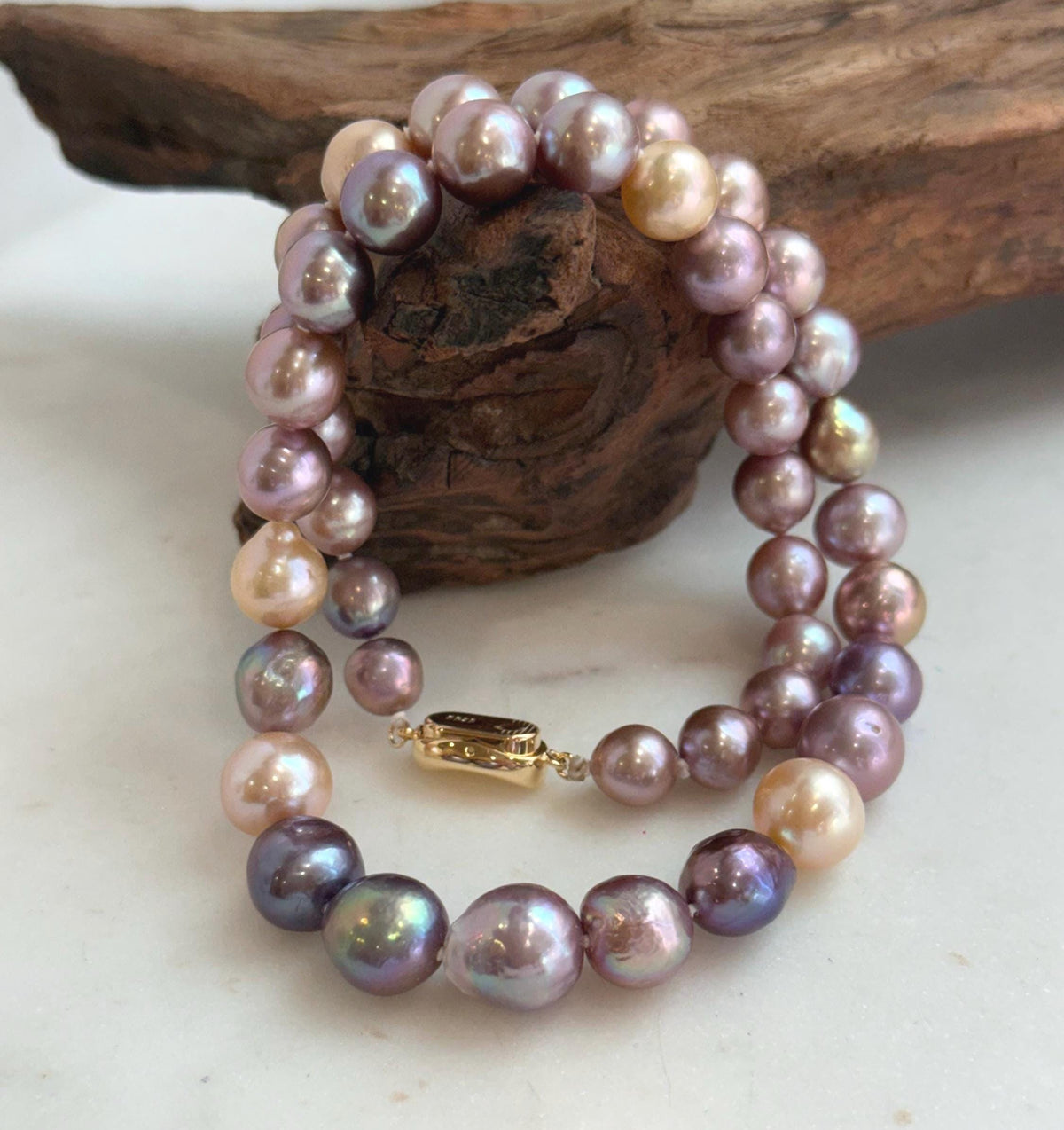 Elly’s 43pcs 8.3-11.3mm Edison Multicolored Pearls Necklace Strand: Extreme luster mirrored, 18.3”, S925 silver necklace.
