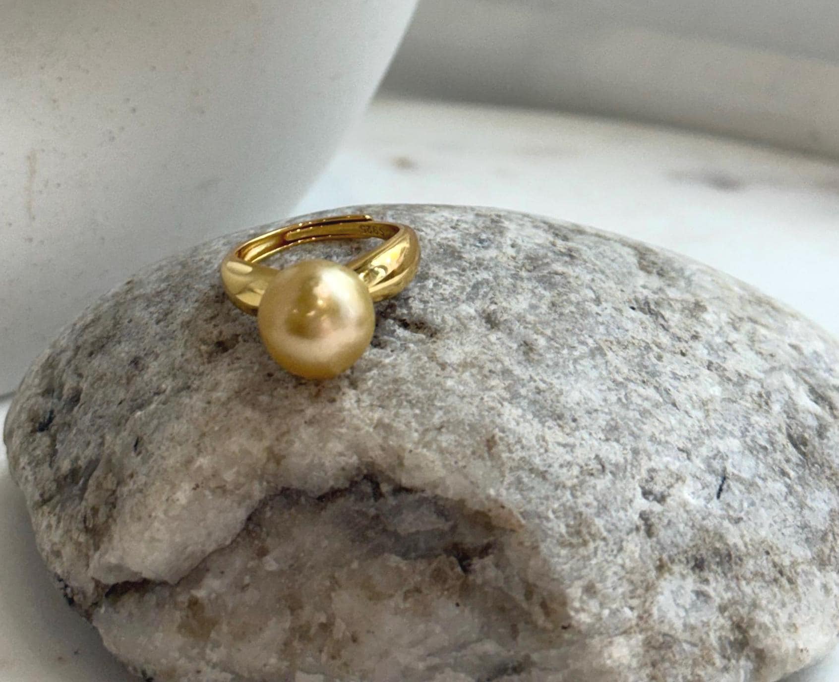 Elly’s 11.4mm South sea deep tea golden ocean pearl Ring: Extreme luster mirrored, S925 silver with gold plated adjustable Vintage Ring.