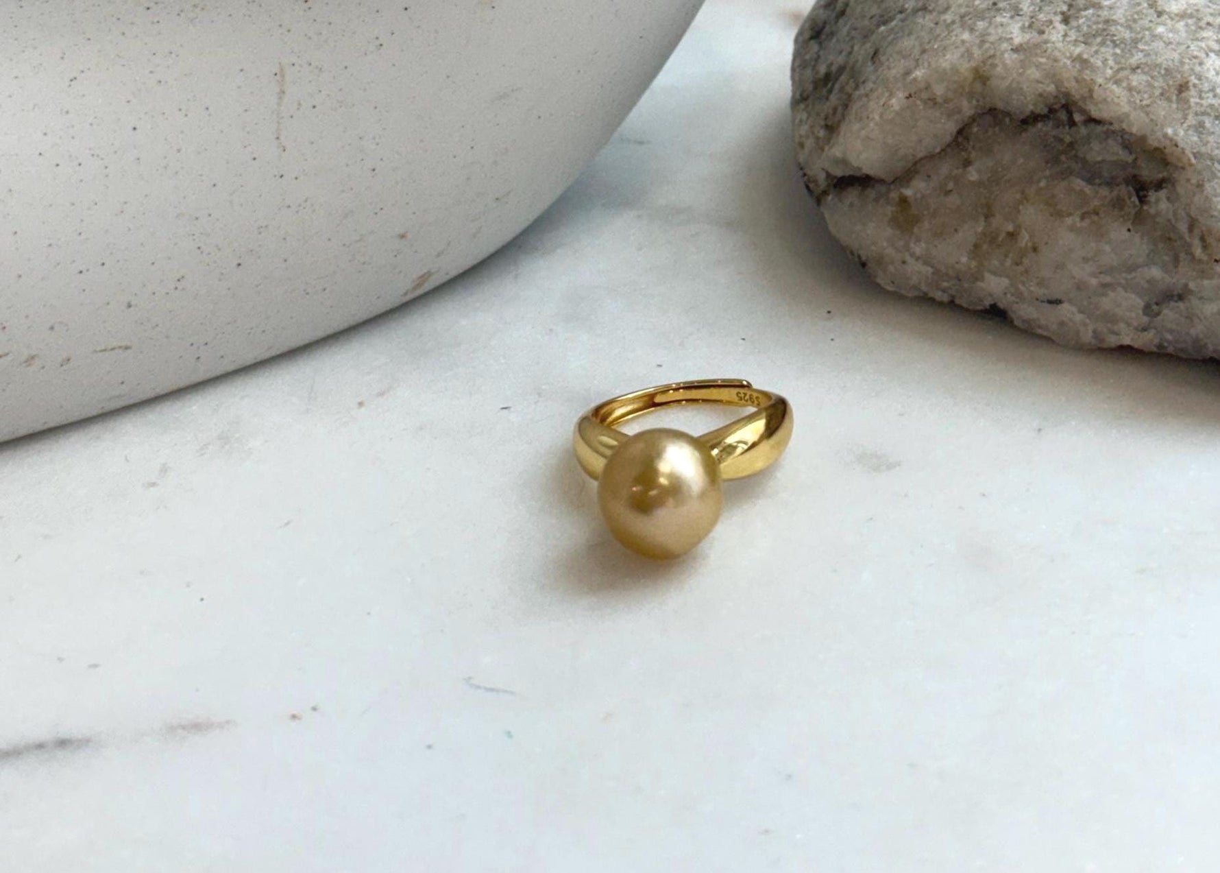 Elly’s 11.4mm South sea deep tea golden ocean pearl Ring: Extreme luster mirrored, S925 silver with gold plated adjustable Vintage Ring.