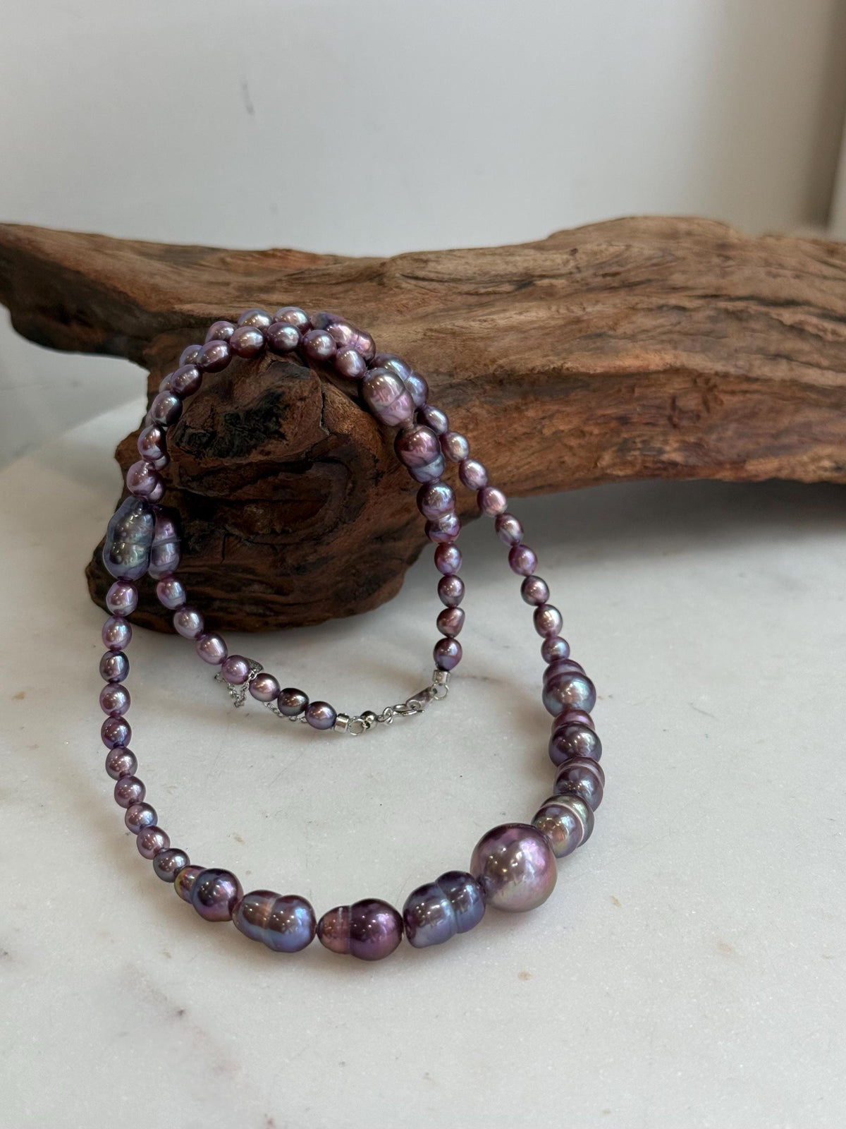 Elly’s 4.6-8.3mm Purple Pearls Necklace Strand: Extreme luster mirrored, 19.7”, S925 silver necklace.