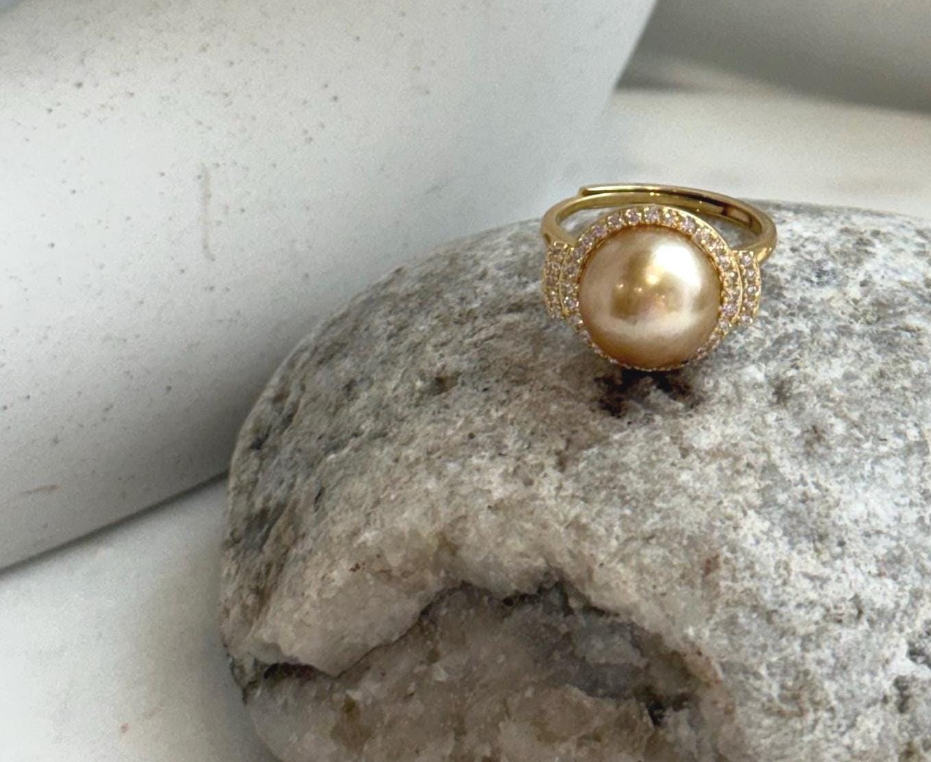 Elly’s 11mm South sea deep gold ocean pearl Ring: Extreme luster mirrored, S925 silver with gold plated adjustable Vintage Ring.