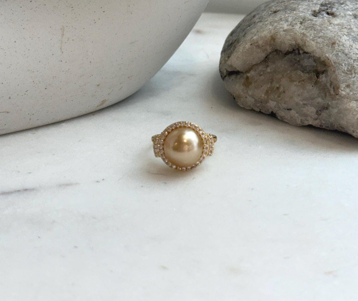 Elly’s 11mm South sea deep gold ocean pearl Ring: Extreme luster mirrored, S925 silver with gold plated adjustable Vintage Ring.