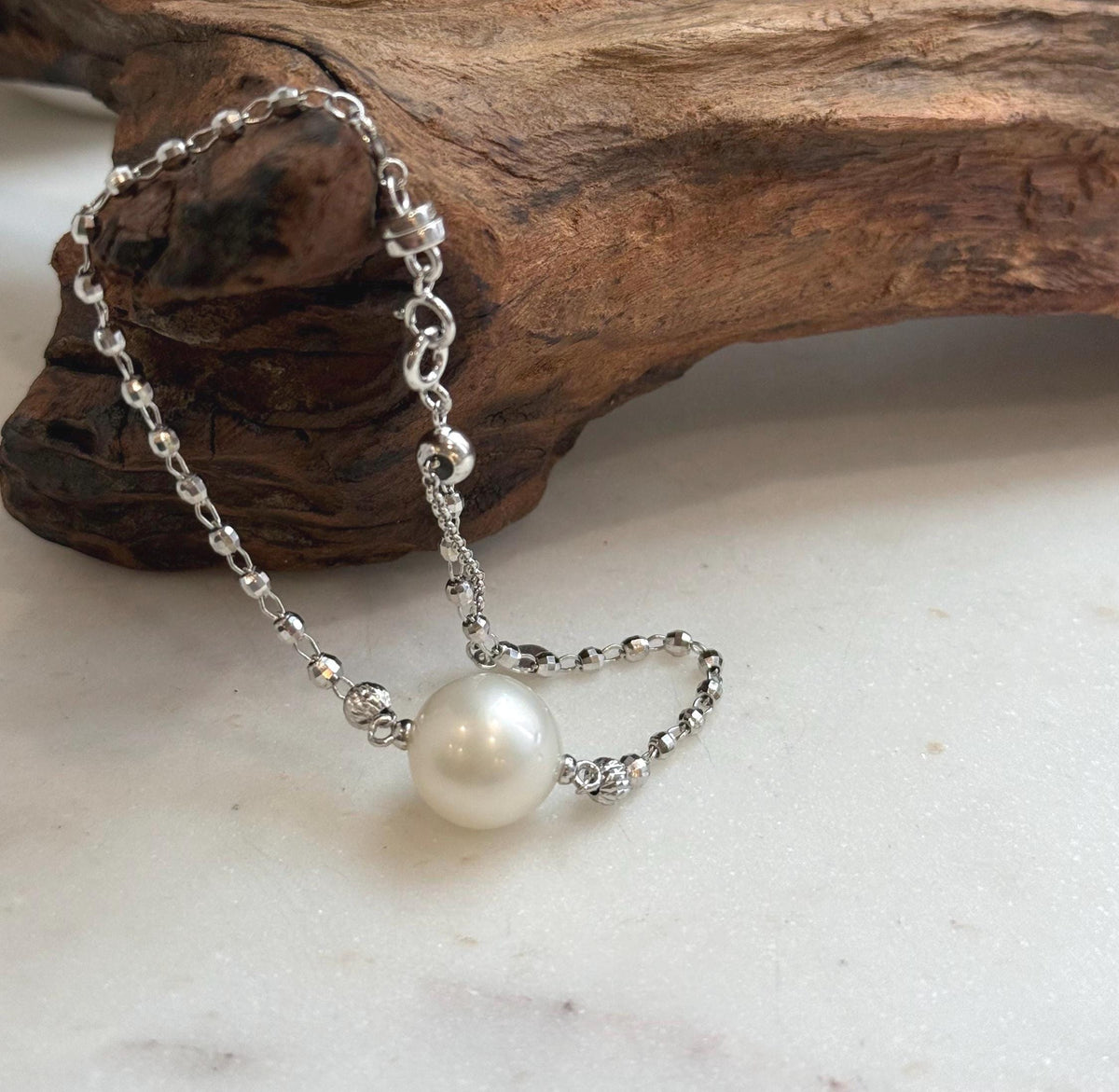 Elly’s 12.8mm Australian Ocean white Pearl bracelet: Extreme luster, to 8.5”, S925 silver adjustable bracelet.