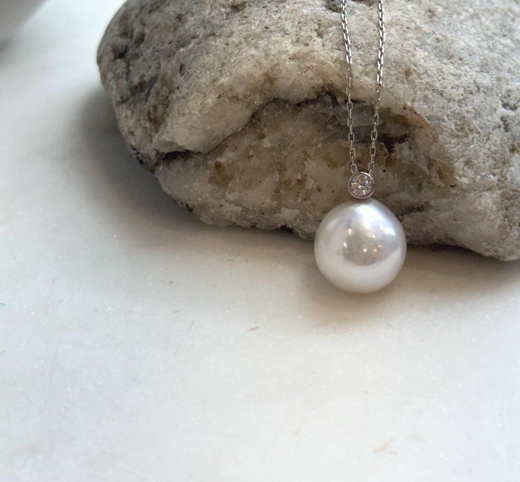 Elly’s 13.4mm White Edison Pearl pendant: Extreme luster mirrored, 1.8cm high, S925 silver minimalist pendant.