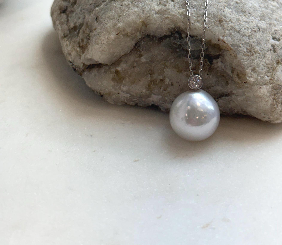 Elly’s 13.4mm White Edison Pearl pendant: Extreme luster mirrored, 1.8cm high, S925 silver minimalist pendant.