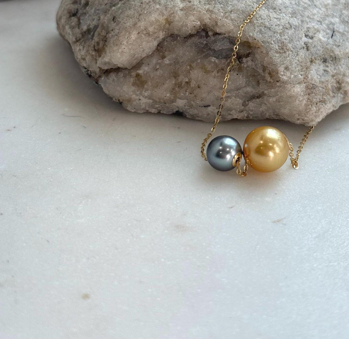 Elly’s Double Au750 18k Gold Tahitian South sea deep gold ocean Pearls Floating pendants:Extreme luster, 8.4-10.8mm.