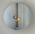 Elly’s Double Au750 18k Gold Tahitian South sea deep gold ocean Pearls Floating pendants:Extreme luster, 8.4-10.8mm.