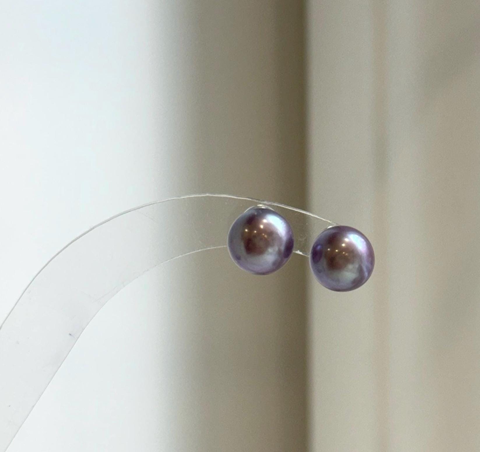 Elly’s 8.8mm Purple Freshwater Pearls Earrings Studs: Extreme luster Mirrored, S925 silver minimalist earrings studs.