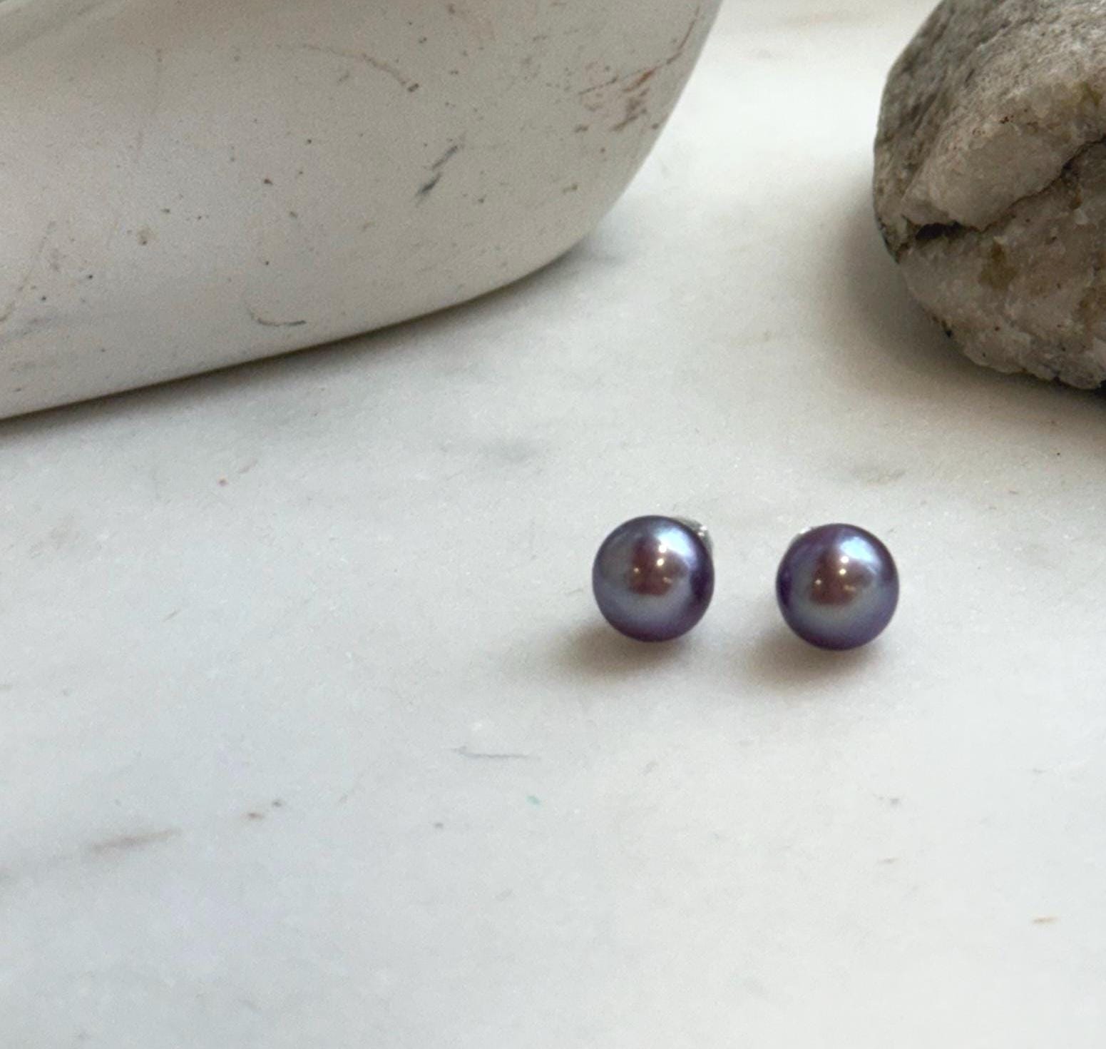Elly’s 8.8mm Purple Freshwater Pearls Earrings Studs: Extreme luster Mirrored, S925 silver minimalist earrings studs.