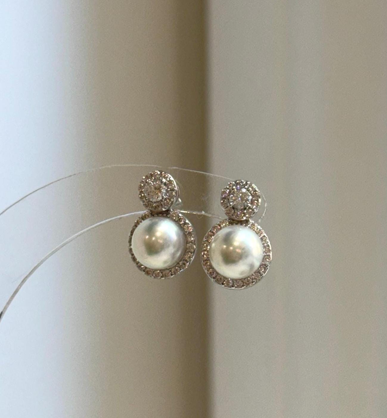 Elly’s 0.2ct Moissanite Akoya ocean pearls earrings: Extreme luster Mirrored, 7.3mm, 1x1.5cm, S925 silver cool earrings.