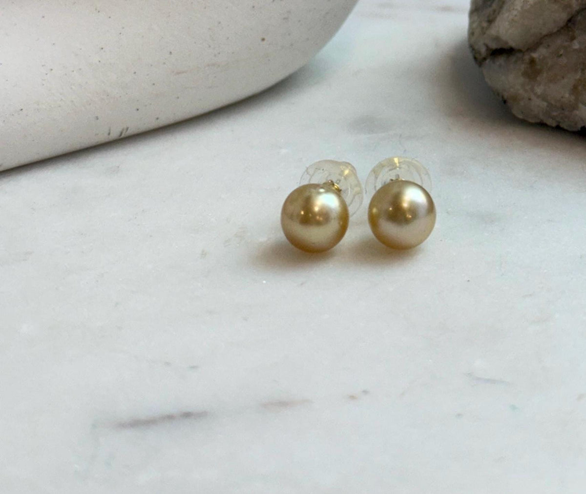 Elly’s 9.6mm Genius natural South sea deep gold ocean Pearls Earrings studs: Extreme luster, S925 silver minimalist earrings studs.