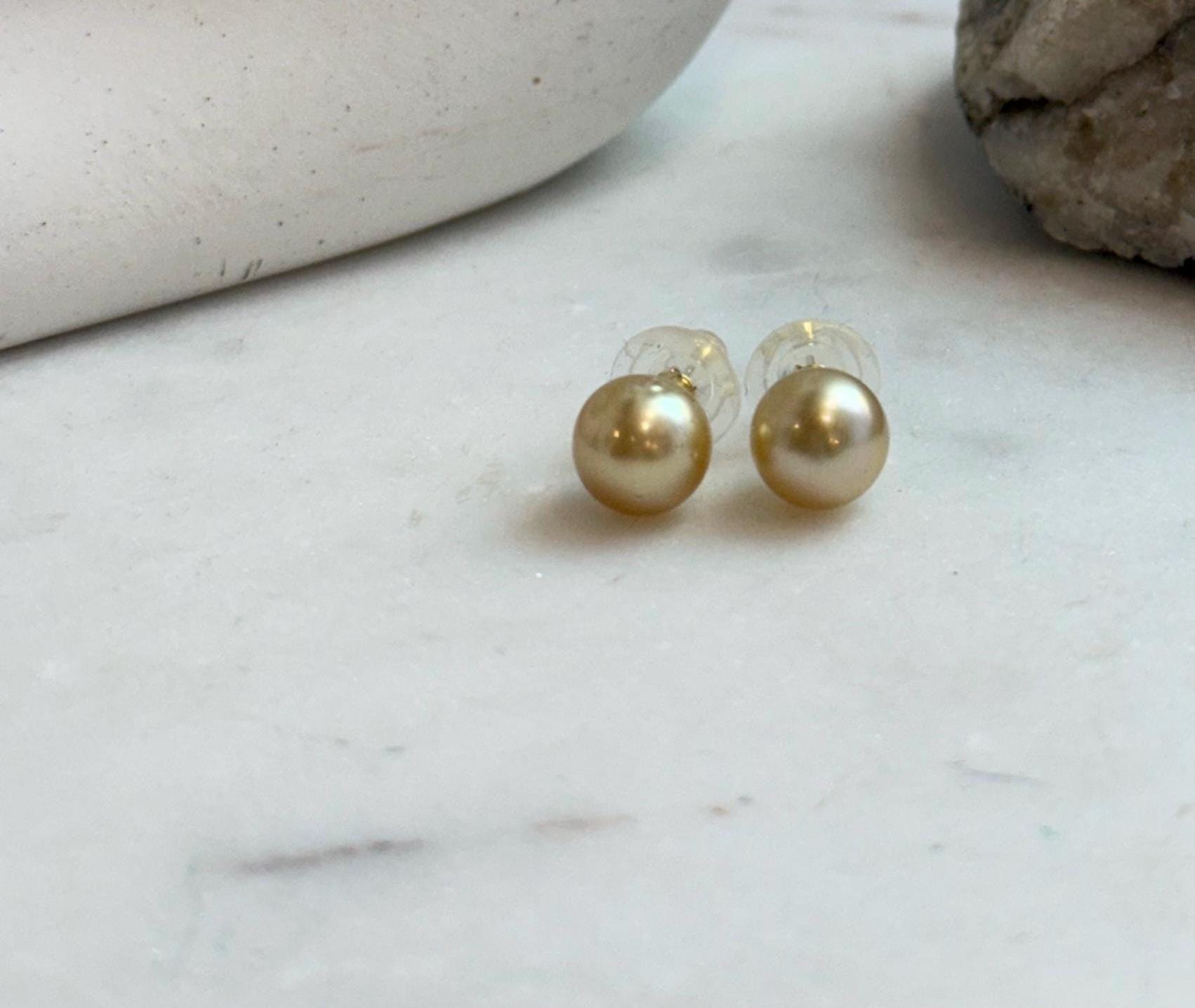Elly’s 9.6mm Genius natural South sea deep gold ocean Pearls Earrings studs: Extreme luster, S925 silver minimalist earrings studs.