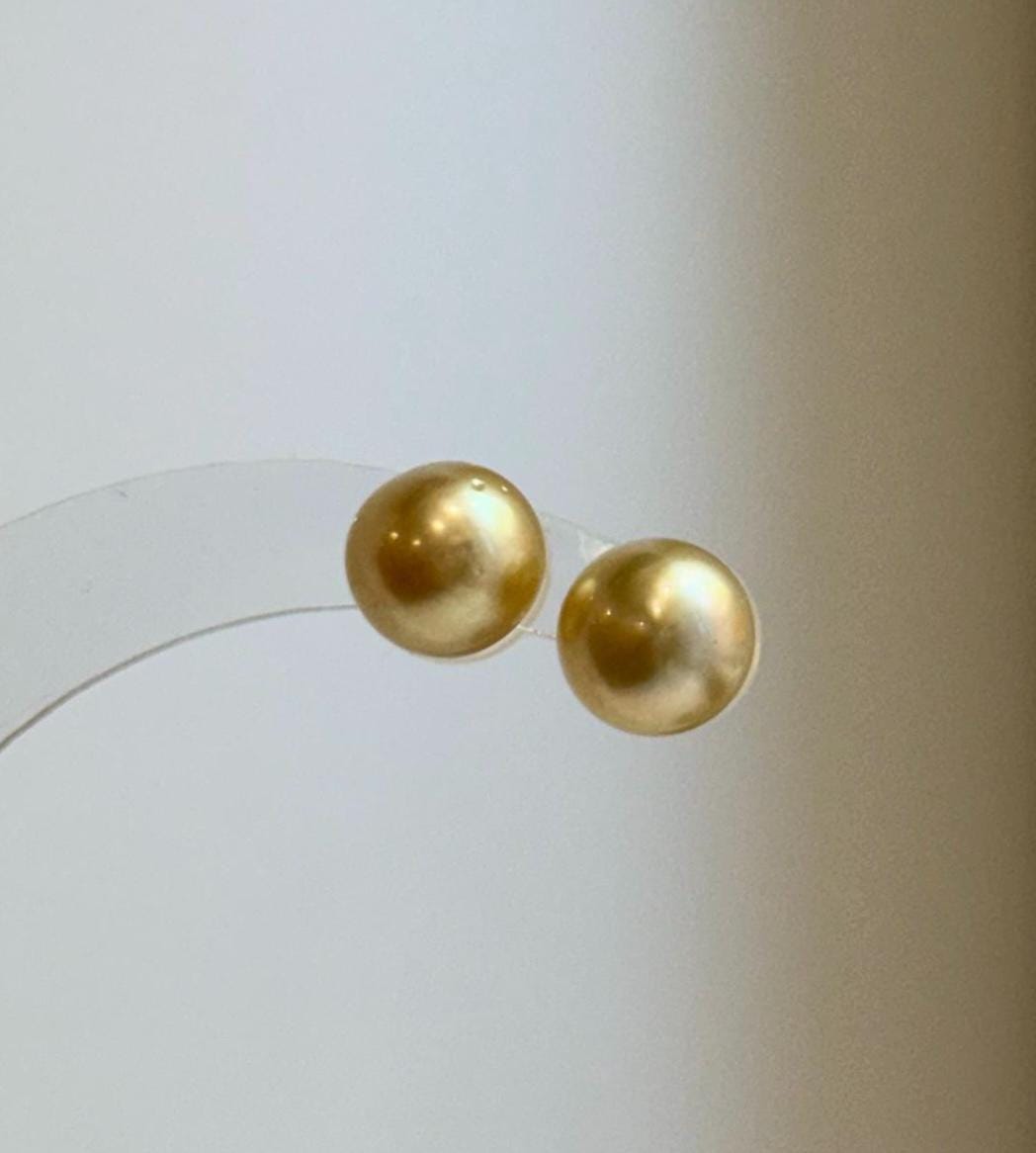 Elly’s 9.6mm Genius natural South sea deep gold ocean Pearls Earrings studs: Extreme luster, S925 silver minimalist earrings studs.