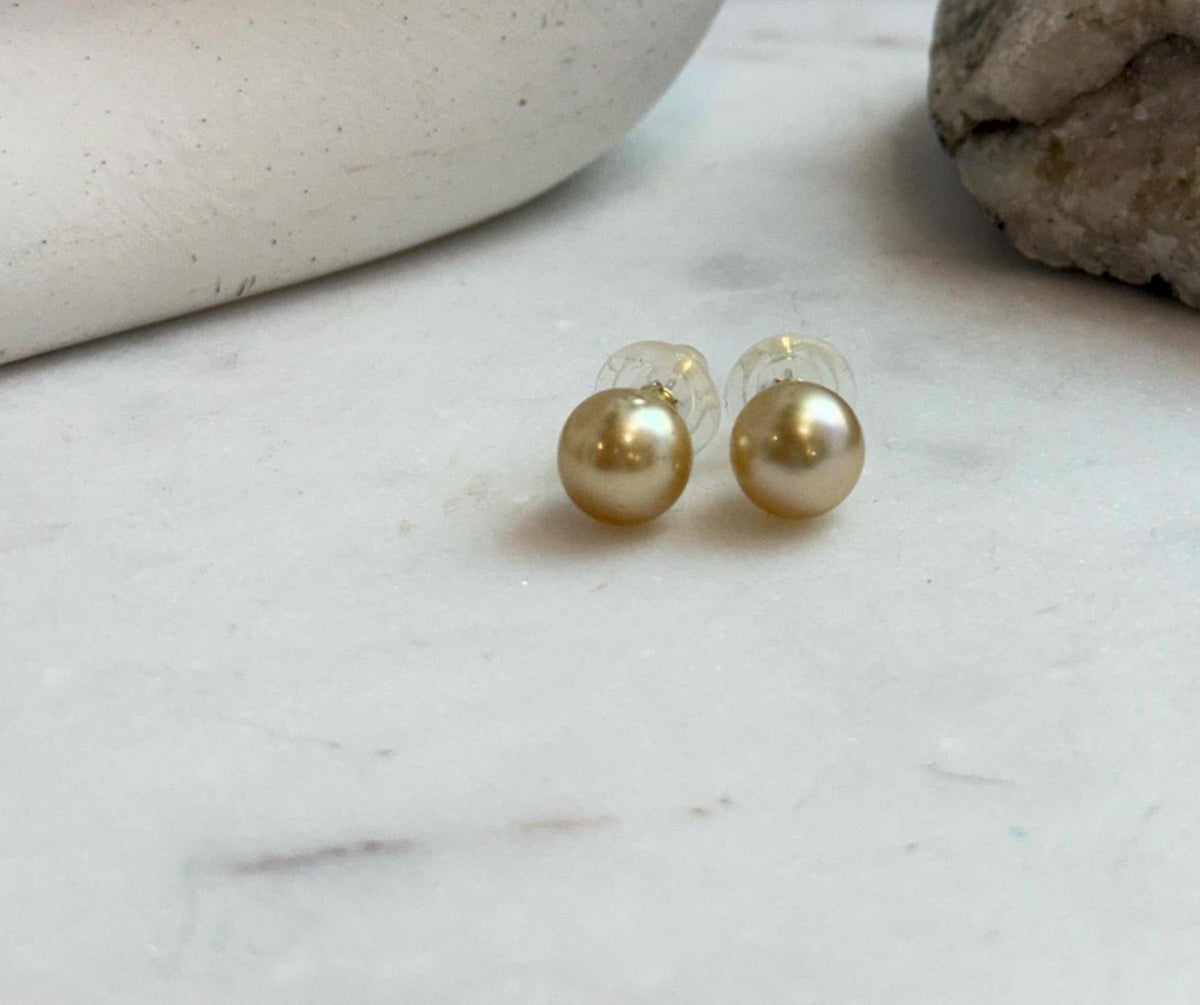 Elly’s 9.6mm Genius natural South sea deep gold ocean Pearls Earrings studs: Extreme luster, S925 silver minimalist earrings studs.