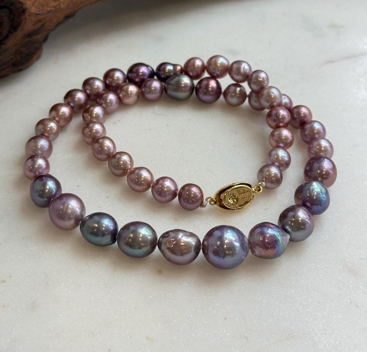Elly’s 7.9-12.6mm Rose lavender Purple Freshwater Pearls Necklace Strand: Extreme luster mirrored, 18.3”, S925 silver necklace.