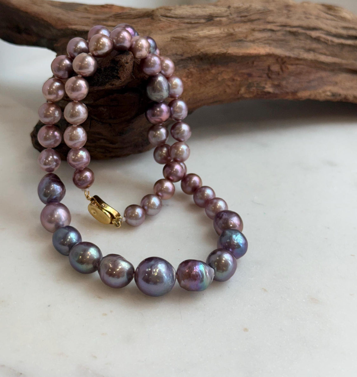 Elly’s 7.9-12.6mm Rose lavender Purple Freshwater Pearls Necklace Strand: Extreme luster mirrored, 18.3”, S925 silver necklace.