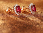 Lab Ruby 4-Prong Gemstone Earrings Studs| 1.2ct/pc 7x5mm | Pigeon blood | Solid S925 Silver with 18K Gold plated Earrings.