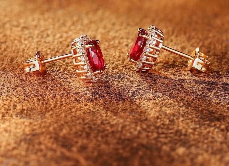 Lab Ruby 4-Prong Gemstone Earrings Studs| 1.2ct/pc 7x5mm | Pigeon blood | Solid S925 Silver with 18K Gold plated Earrings.