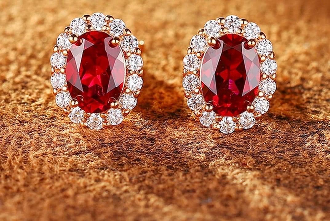 Lab Ruby 4-Prong Gemstone Earrings Studs| 1.2ct/pc 7x5mm | Pigeon blood | Solid S925 Silver with 18K Gold plated Earrings.