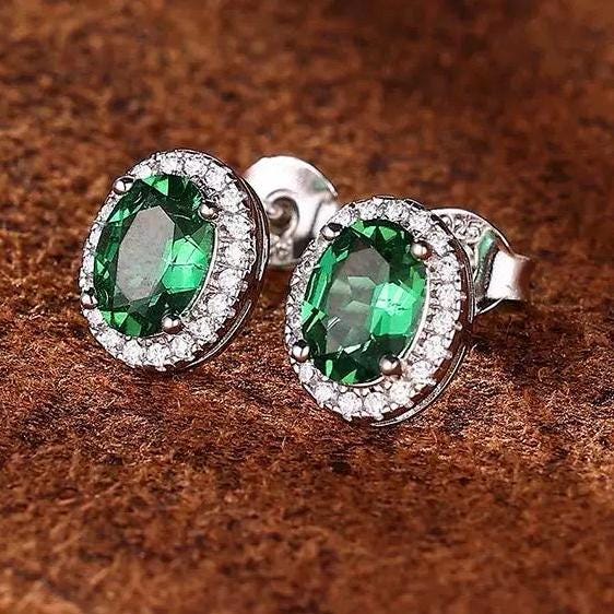 vivid green lab emerald gemstone sterling silver earrings